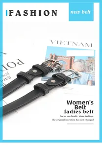 Close-up of black PU leather women's belt featuring a silver square pin buckle and rivets