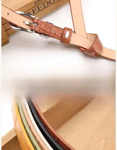 Detail of crocodile textured PU leather belts with silver metal buckles in various colors
