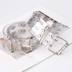 Punk style transparent PVC belt with double silver eyelets and metal chain for cargo pants