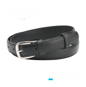 Macro detail of classic black leather belt showing natural texture and silver pin buckle