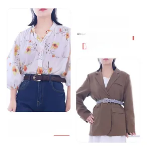Detail of stone textured leather belt with vintage alloy buckle for women fashion styles