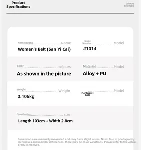 Detailed size chart for women leather belt with gold buckle specs 103cm x 2.8cm