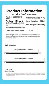 Size chart showing dimensions for women's black PU leather belt with alloy buckle