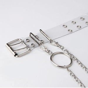 Punk style transparent PVC belt with double metal eyelets and a chunky silver chain detail