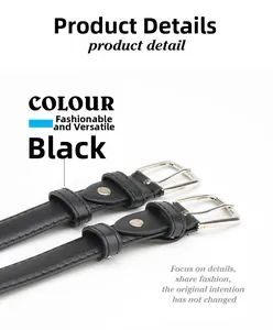 Close-up of black leather belt with silver pin buckle and dual leather belt loops