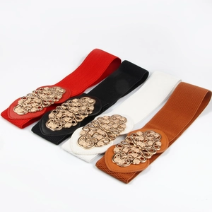 Ceinture large élastique pour femme avec boucle en métal sculpté floral en quatre couleurs