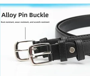 Detail of black leather belt featuring polished alloy pin buckle and precision stitching