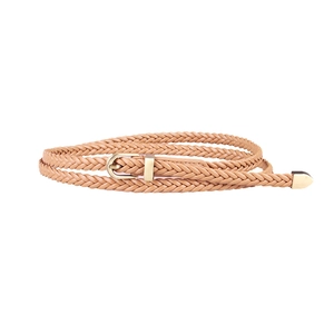 Classic woven khaki faux leather skinny belt with golden horseshoe buckle for women