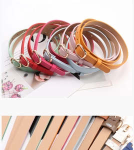 Detail view of colorful narrow PU leather belts with elegant golden square buckles