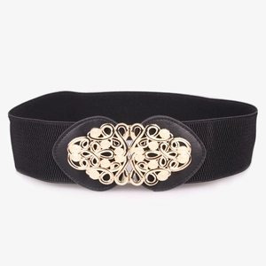 Ceinture large élastique noire pour femme avec boucle métallique dorée rétro gravée
