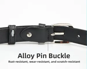 Detail view of black leather belt with silver alloy pin buckle and rustproof screw