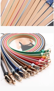 Detailed arrangement of slim colorful leather belts with oval golden metal buckles