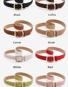 Collection of minimalist women's matte belts with golden oval buckles in eight trendy colors