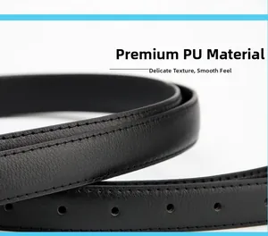 Detail of black PU leather belt showing fine texture and neat stitching with metal buckle holes