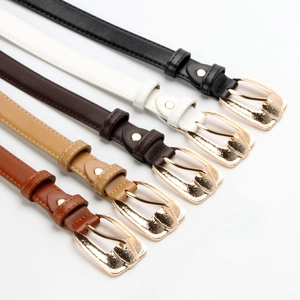 Five assorted PU leather waist belts for women with gold metal buckles on white background