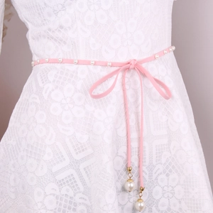 Pink velvet bow belt with pearl pendants for women's dress accessories and styling