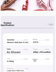 Detail view of flower buckle women belt with size specifications and material chart