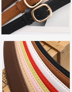 Close-up of matte gold oval buckles and multi-color nubuck leather belts for women