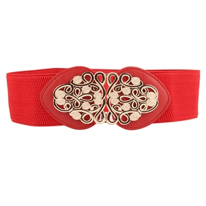 Ceinture large élastique rouge avec boucle florale dorée pour robes de femmes