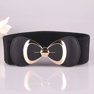 Fashionable black elastic belt for women featuring a stylish gold bow metal buckle
