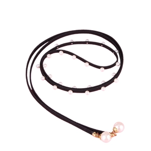Elegant black velvet waist rope belt with white pearls and pink pendants for dresses