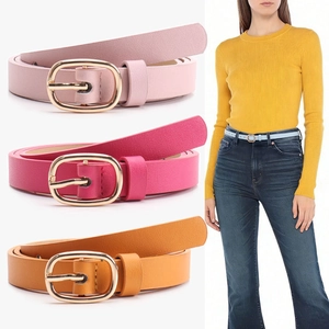 Women's Slim PU Leather Belt With Gold Alloy Buckle Versatile Simple Waist Strap For Jeans Dresses Commuting Decorative Thin Belt