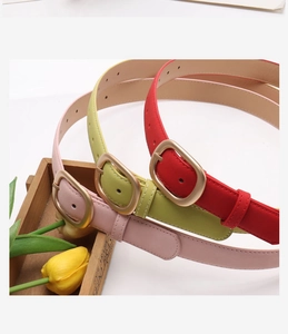 Detailed view of matte gold square buckles on nubuck leather belts in pink, green, and red