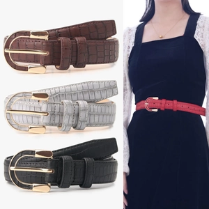Vintage French Women Belt Crocodile Stone Pattern PU Leather Alloy Pin Buckle Decorative Waistband For Dresses Jeans