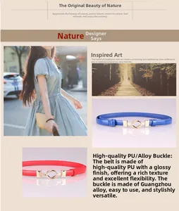 Detail of slim PU leather belts with twisted alloy buckle in blue and red colors