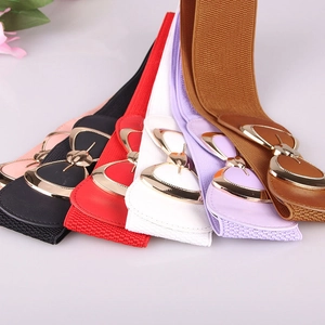 Women's wide elastic waist belt with metal bow buckle in multiple colors