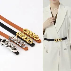 Minimalist Women PU Leather Thin Belt With Alloy Chain Buckle Elegant Waist Strap For Coat Dress Casual Office Lady Accessory