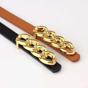 Minimalist leather waist belts in black and brown with polished gold chain buckles
