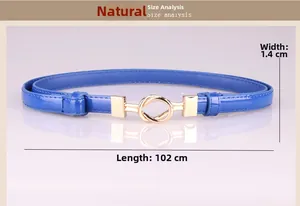 Detail showing blue patent leather belt with 1.4cm width and 102cm length measurements