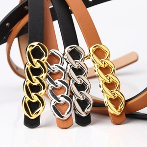 Minimalist women's thin belts with metal chain buckles in black and brown leather colors