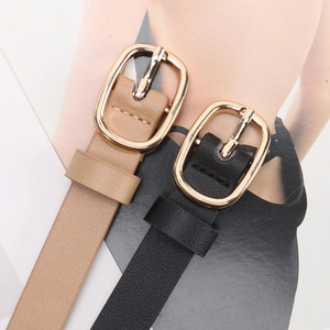 Slim leather belts for women with oval gold buckles in khaki and classic black colors