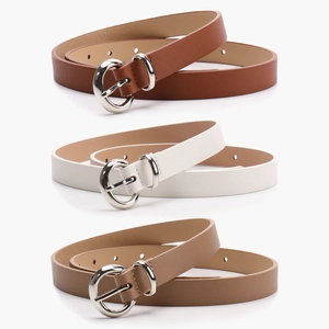 Minimalist women's leather belts with silver alloy pin buckles in brown and white