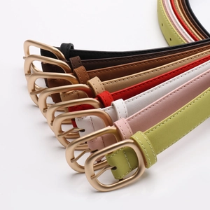 Minimalist matte nubuck leather belt for women with elegant golden D-ring metal buckle