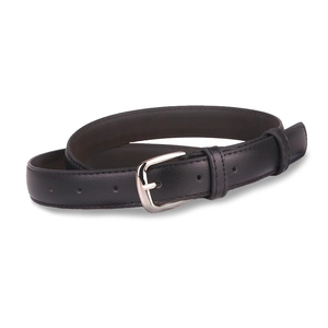 Classic black leather belt with silver metal pin buckle on white background for women