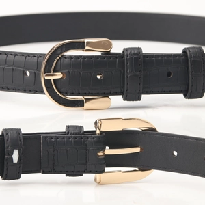 Chic black crocodile embossed leather belt featuring a sleek gold U-shaped metal buckle