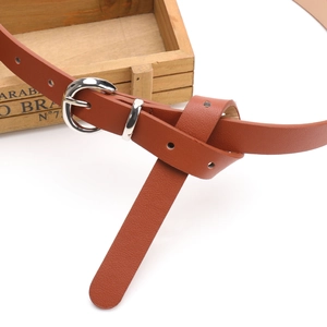 Minimalist brown leather belt for women featuring an oval silver alloy pin buckle