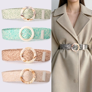 Ceinture Tissée en PP pour Femmes avec Boucle Ronde en Résine Ceinture Large Élastique pour Robes Manteau Accessoire Vacances