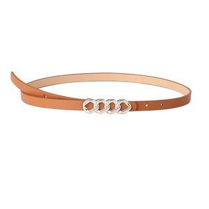 Slim brown leather belt with elegant silver metal chain buckle for women dresses