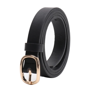 Minimalist black leather belt for women with polished gold oval buckle on white background