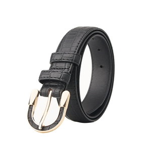 Women's black faux leather belt with stone texture and golden U-shaped buckle decoration