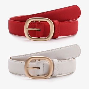 Minimalist nubuck leather belts for women with gold oval buckle in red and white colors