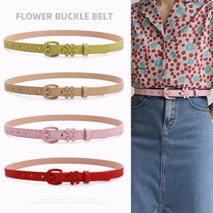 Women's Sweet PU Leather Thin Belt With 3D Flower Alloy Buckle Elegant Decorative Waist Strap For Dress Casual Office Wear