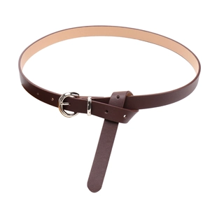 Minimalist dark brown slim leather belt with classic silver circular metal buckle for women