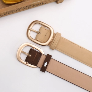 Minimalist matte nubuck leather belts for women with square gold metal buckle on white base