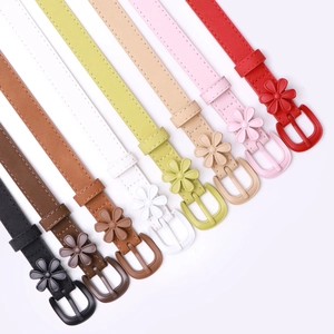 Collection of eight colorful skinny belts for women featuring floral buckles and D-rings