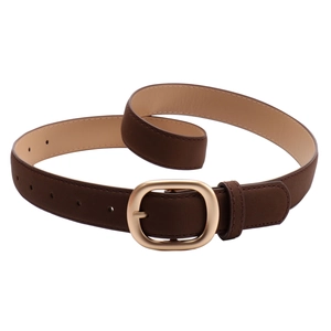 Minimalist matte brown nubuck leather belt with oval gold metal buckle for women